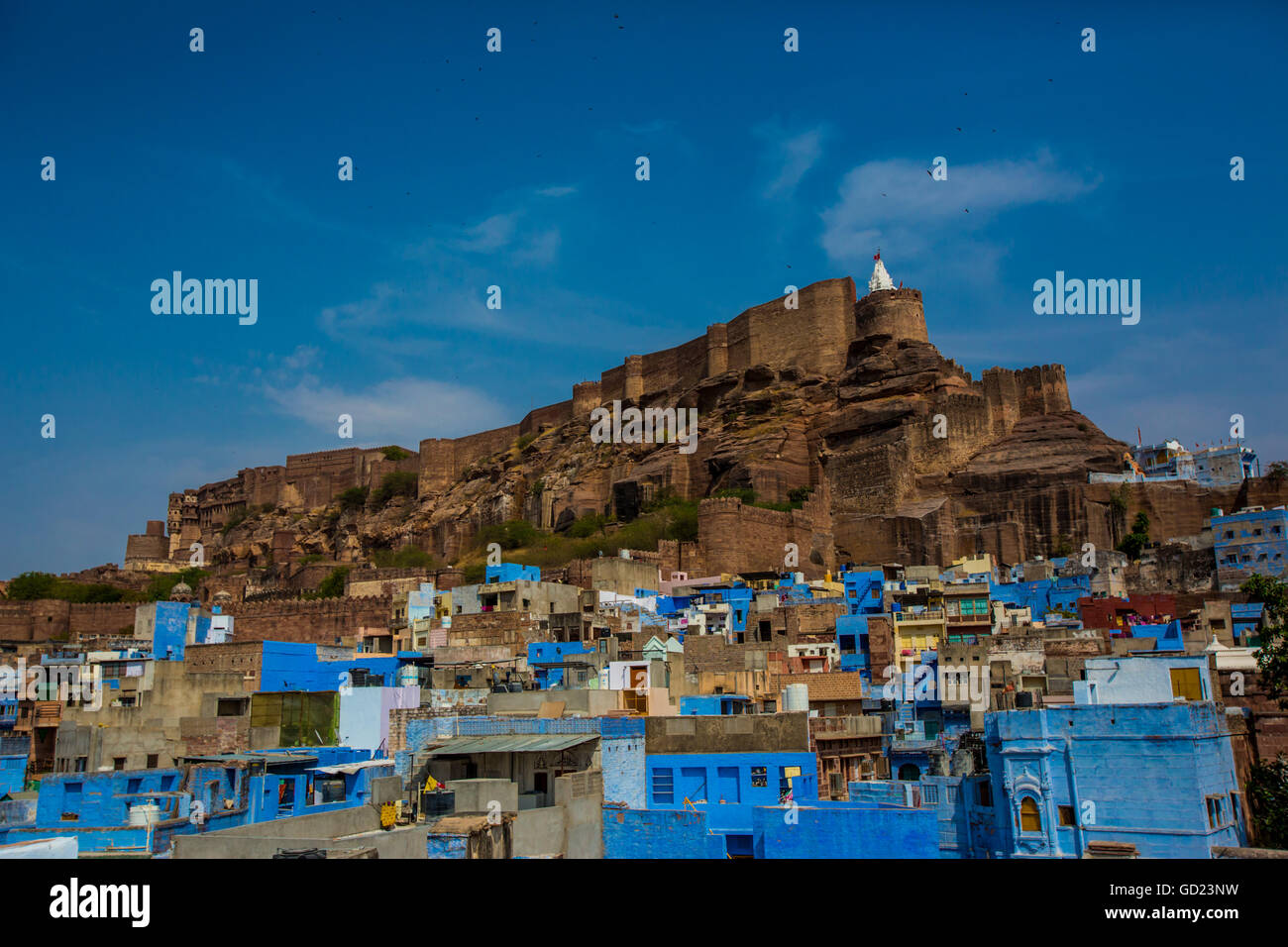 Mehrangarh Fort towering over the blue rooftops in Jodhpur, the Blue City, Rajasthan, India, Asia Stock Photo