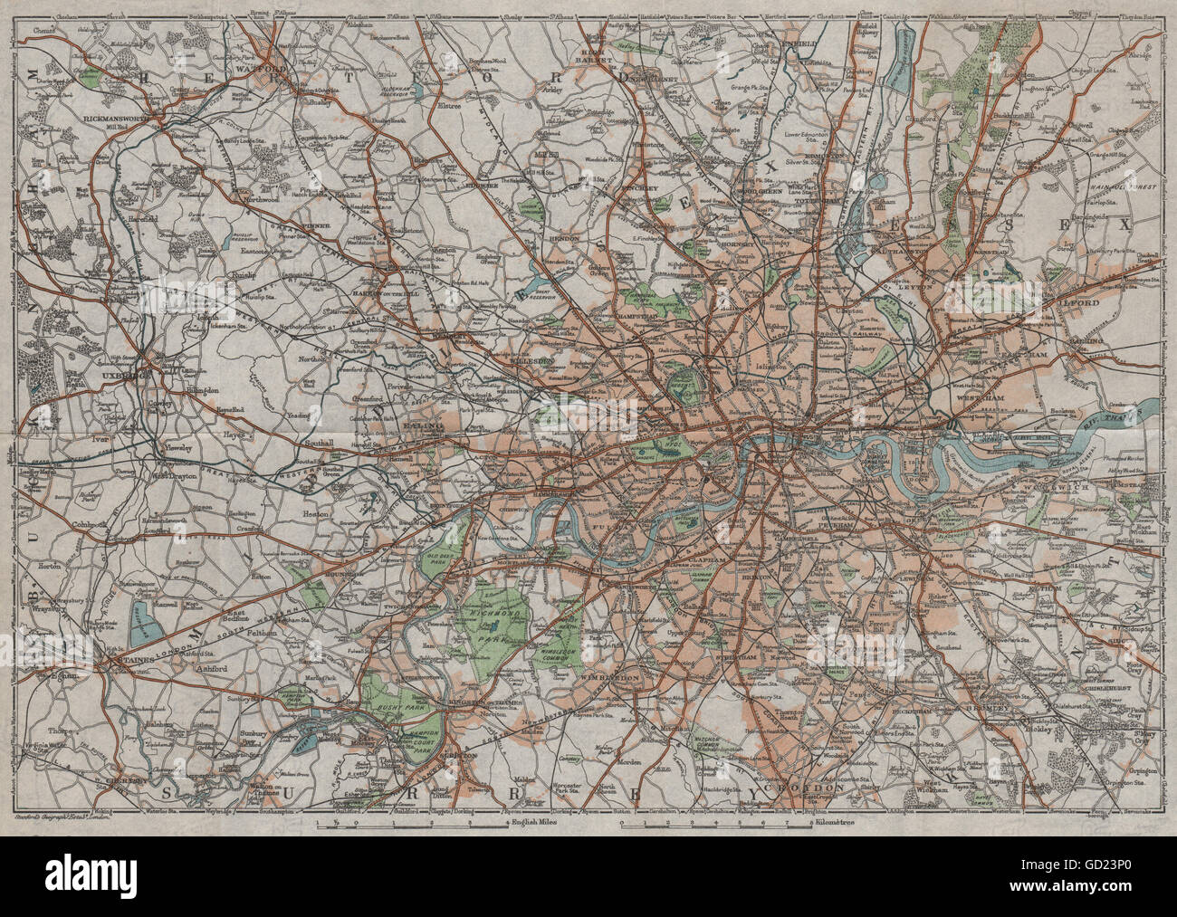 GREATER LONDON. Vintage map plan. Railways roads, 1922 Stock Photo