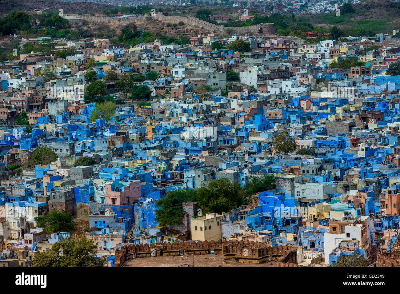 The view from Mehrangarh Fort of the blue rooftops in Jodhpur, the Blue City, Rajasthan, India, Asia Stock Photo