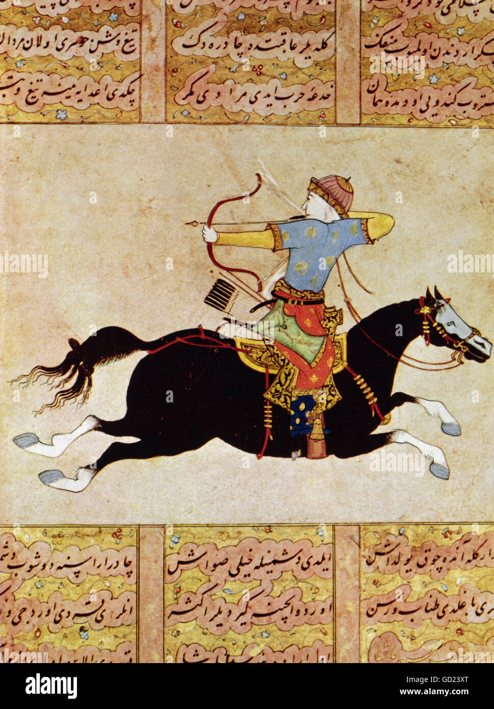 fine arts, islamic art, Persia, miniature, mounted archer with recurved bow, miniature, 2nd half 16th century, private collection, , Artist's Copyright has not to be cleared Stock Photo