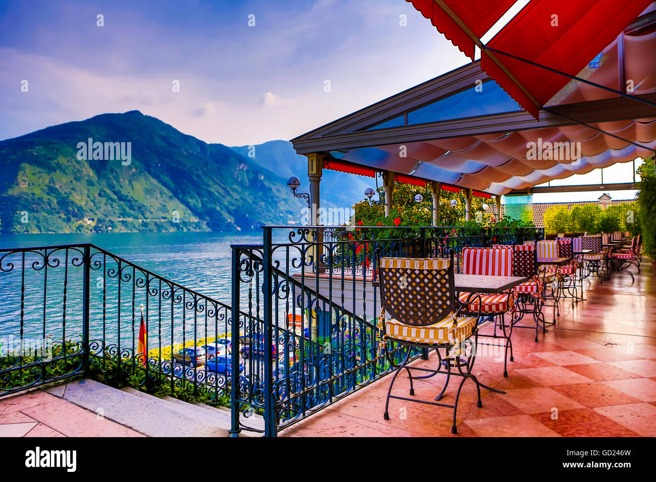 Patio at Grand Hotel Tremezzo, Lake Como, Lombardy, Italy, Europe Stock Photo