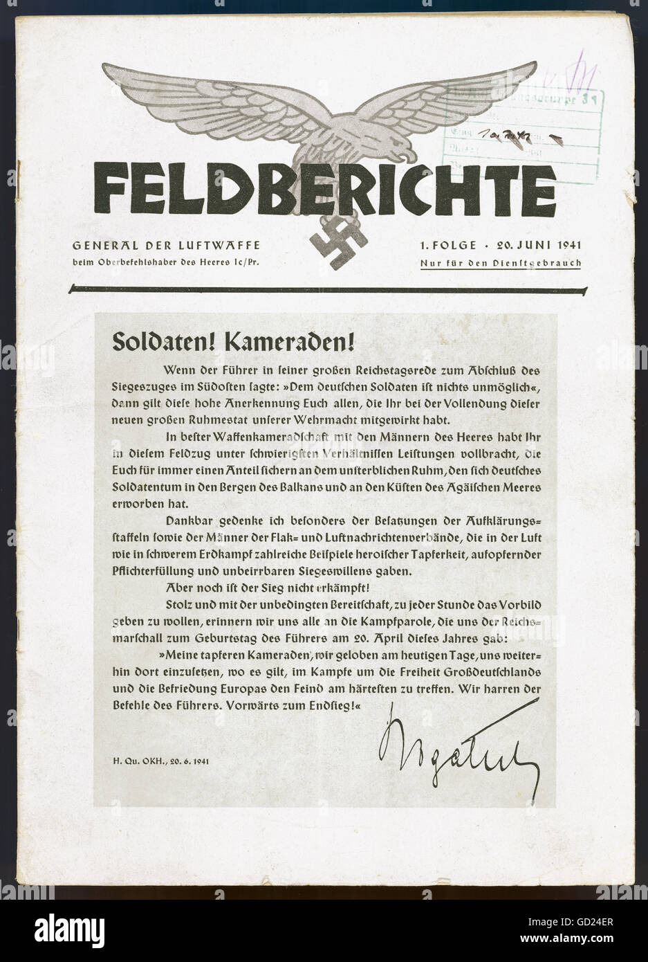events, Second World War / WWII, propaganda, title page of the Luftwaffe periodical 'Feldberichte, General der Luftwaffe beim Oberbefehlshaber des Heeres', 20.6.1941, with an order of the day by General Rudolf Bogatsch concerning the end of the Balkans Campaign 1941, Additional-Rights-Clearences-Not Available Stock Photo