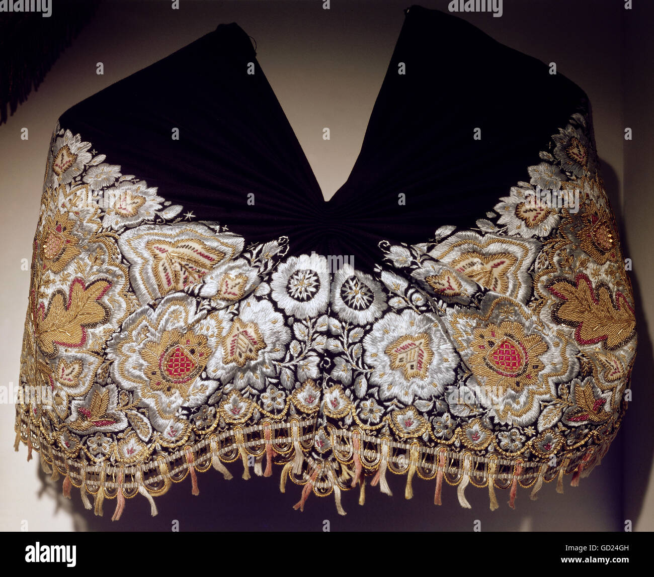 fine arts, embroidery, fichu, Lindhorst costume, Stadthagen, Lower Saxony, 19th century, Museum of European Cultures, Berlin, , Artist's Copyright has not to be cleared Stock Photo