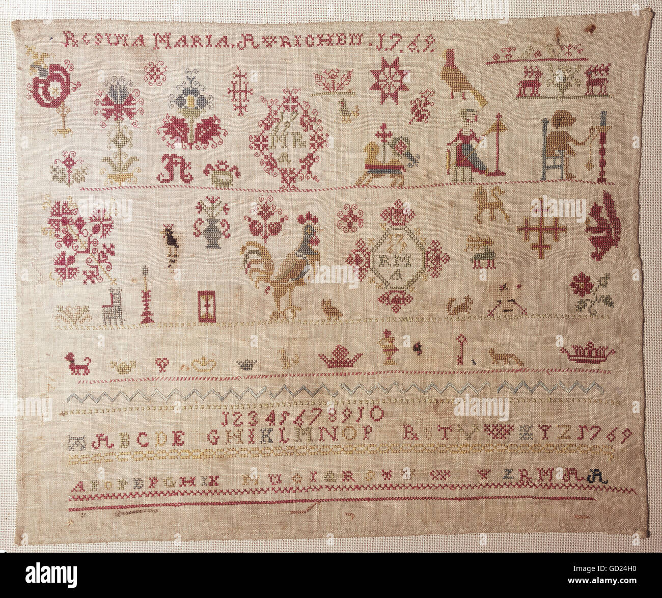 fine arts, embroidery, pattern cloth, linen yarn on linen, Altenburg/Saxony, 1769, Museum of European Cultures, Berlin, , Artist's Copyright has not to be cleared Stock Photo