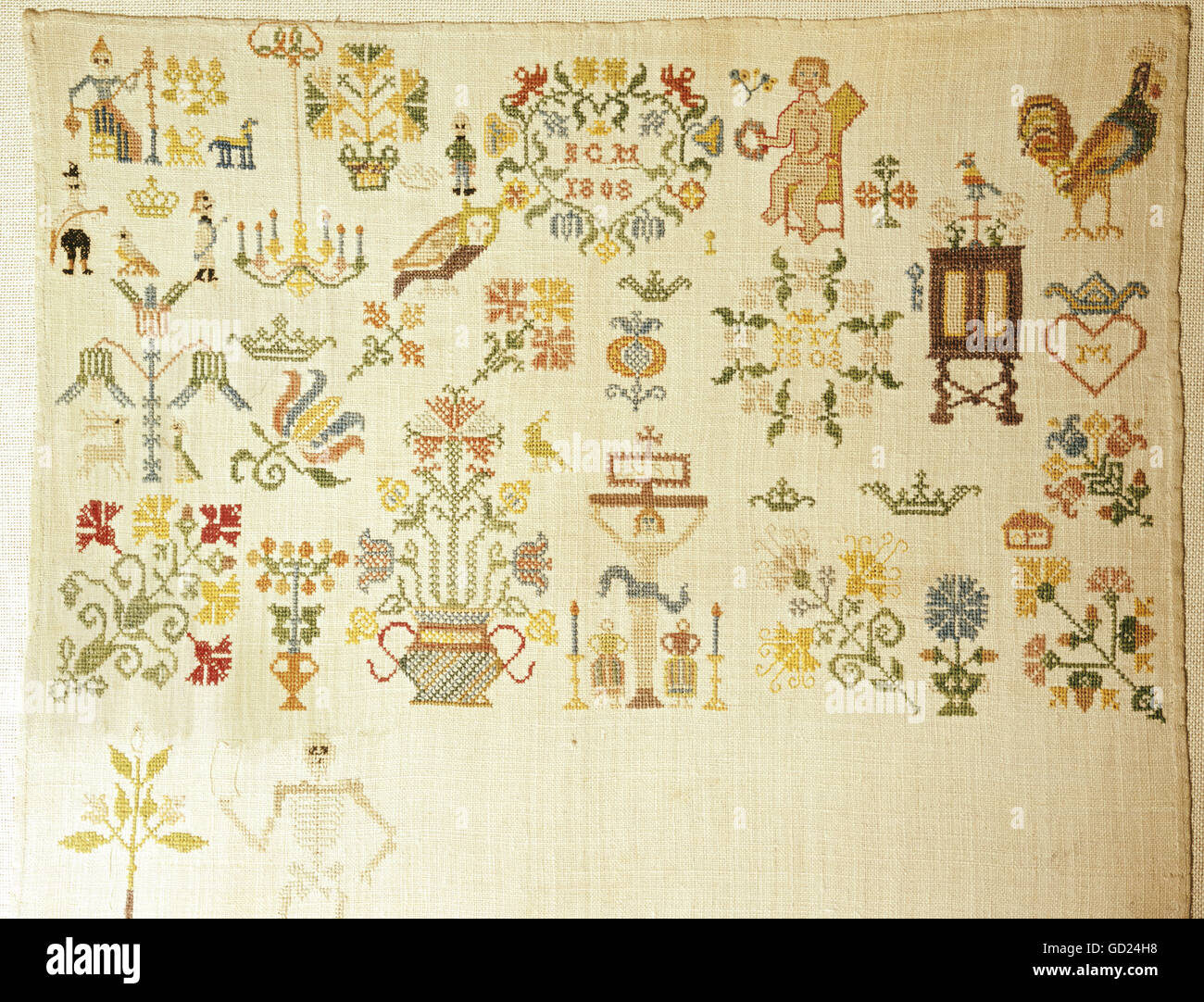 fine arts, embroidery, pattern cloth, silk yarn on linen, Northern Germany, 1808, Museum of European Cultures, Berlin, , Artist's Copyright has not to be cleared Stock Photo