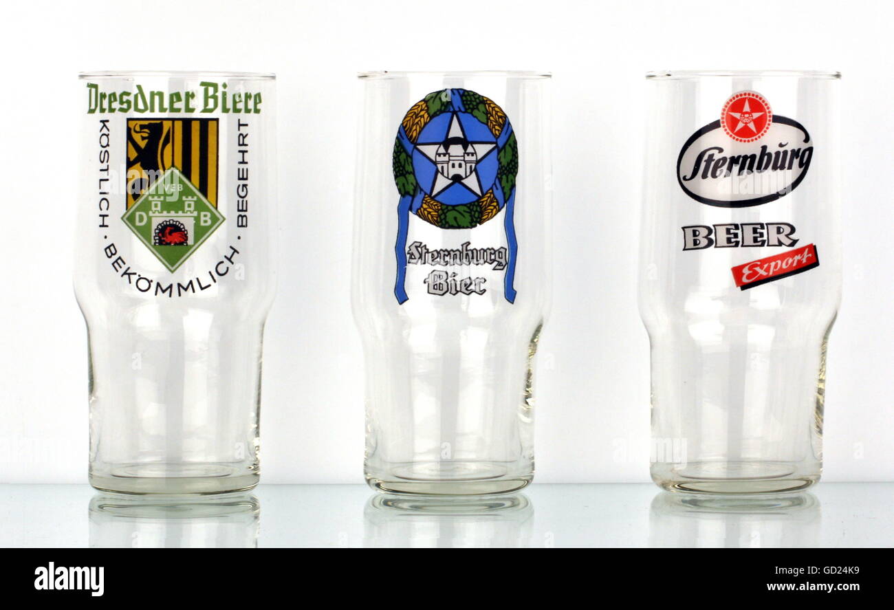 alcohol, beer, drinking cups with brewery signets, made by VEB Kombinat  Lausitzer Glas Weißwasser, East-Germany, 1980s, , Additional-Rights-Clearences-Not Available Stock Photo