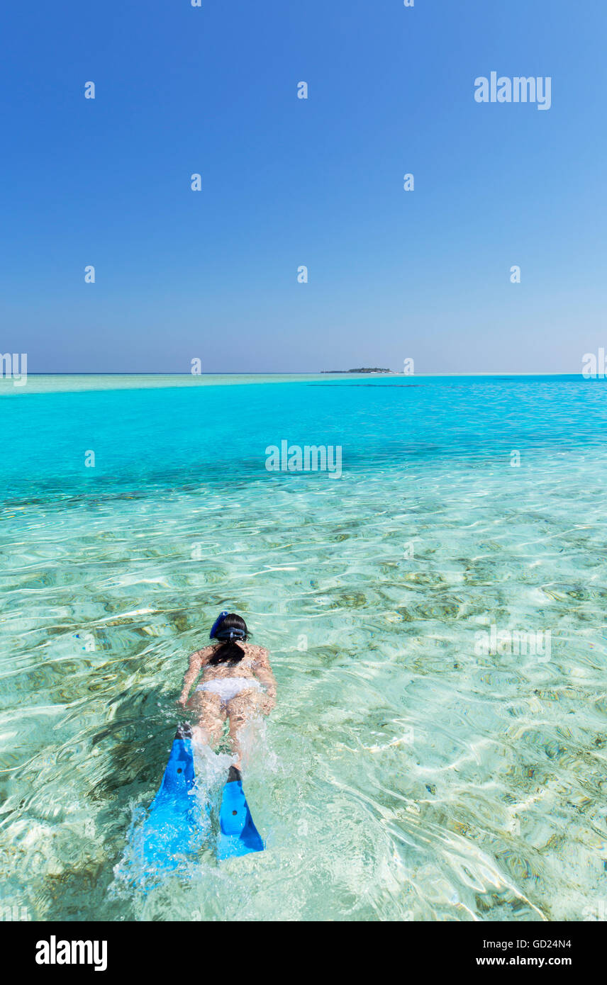 Woman snorkelling in lagoon, Rasdhoo Island, Northern Ari Atoll, Maldives, Indian Ocean, Asia Stock Photo
