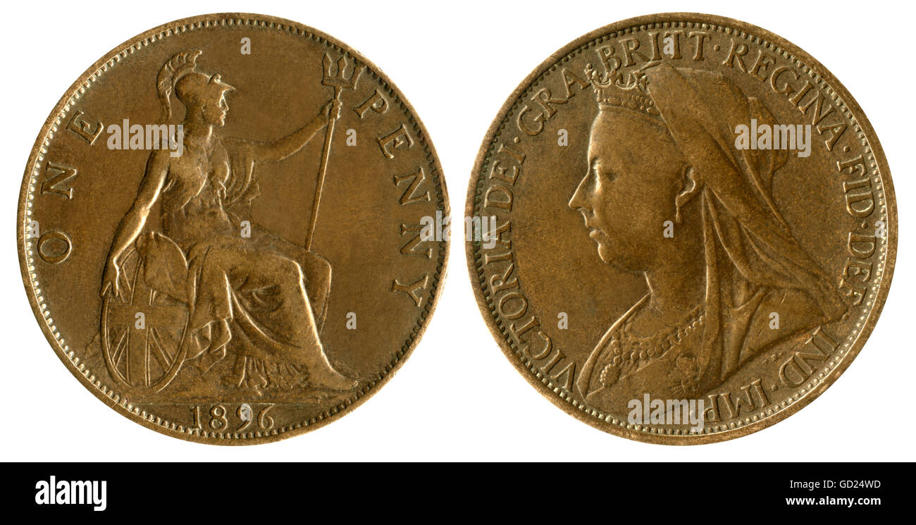 money / finances, coins, Great Britain, one penny coin with portrait of Queen Victoria, Great Britain, 1896, Additional-Rights-Clearences-Not Available Stock Photo