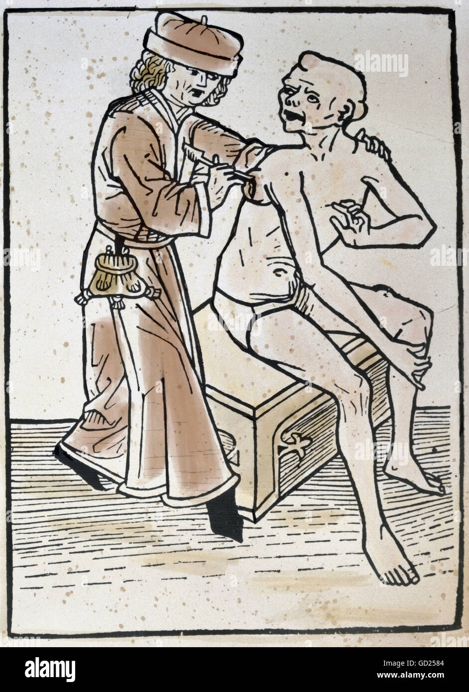 medicine, diseases, plague, physician cutting a bubo, woodcut to 'Spruch von der Pestilenz' by Hans Folz, Nuremberg, late 15th century, private collection, , Additional-Rights-Clearences-Not Available Stock Photo