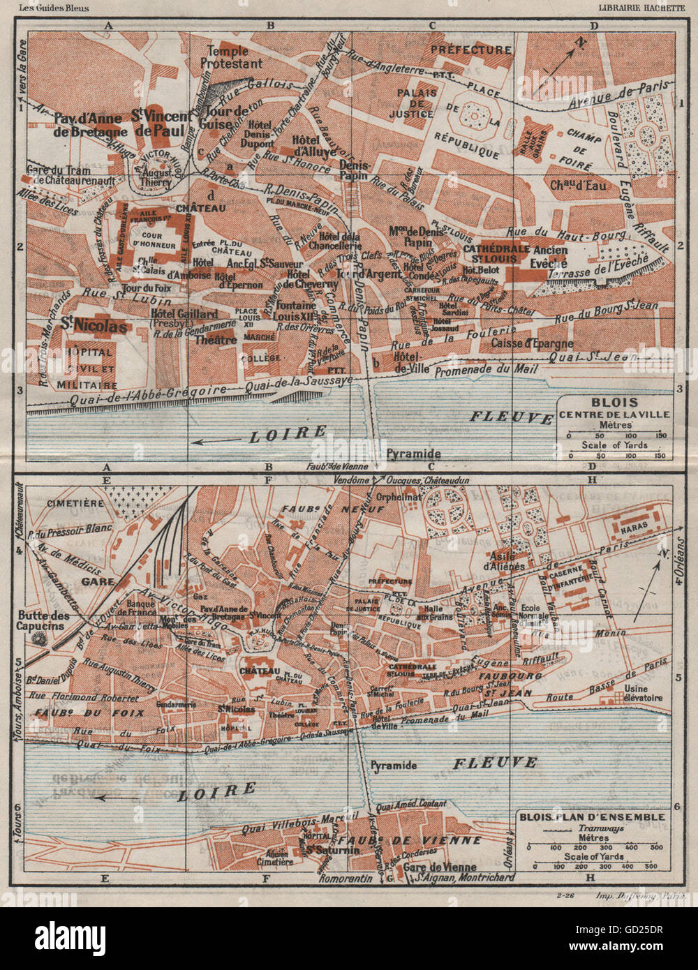 BLOIS. Centre ville & plan d'ensemble. Vintage town city map. Loir-et-Cher 1926 Stock Photo