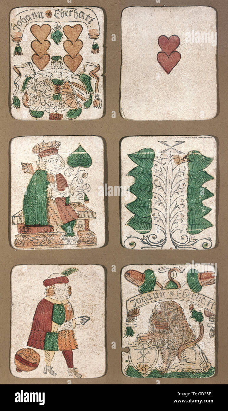 games, card game, 6 playing cards from a card game by Johann Eberhart, woodcut, coloured, Germany, 17th century, Bavarian National Museum, Munich, historic, historical, face card, spade, jack of shell, king of spades, acorn, acorns, people, Additional-Rights-Clearences-Not Available Stock Photo
