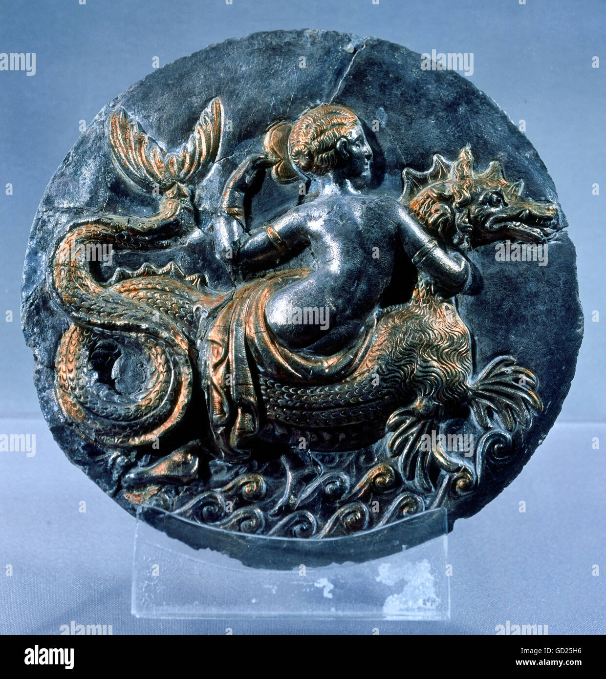 fine arts, silver, cover with mirror capsule, Nereid riding on a sea monster, partial gold-plated, from a woman tomb in Canossa, Greece, 4th / 3th century BC, National Museum of Taranto, Artist's Copyright has not to be cleared Stock Photo