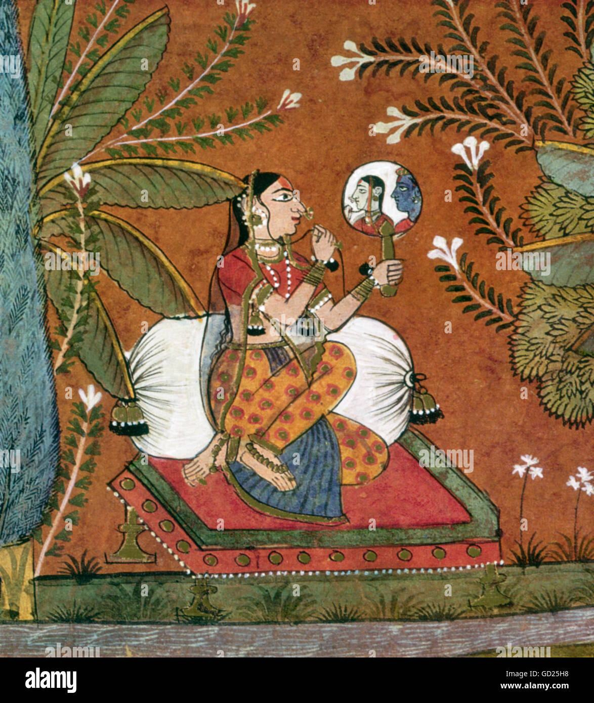 fine arts, India, Radha is looking into a hand mirror, were she is seein  her lover Krishna, detail from a miniature of Mevar School, Raiasthan,  middle of 17th century, Bharat-Kala Collection, Benares,