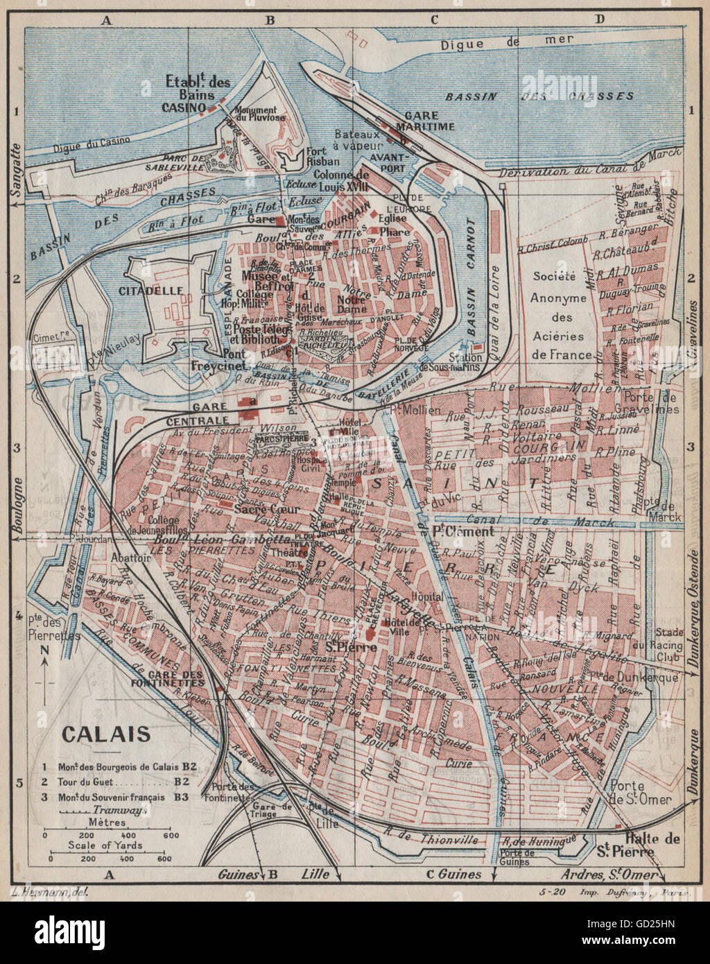 CALAIS. Vintage town city ville map plan carte. Pas-De-Calais, 1922 Stock Photo