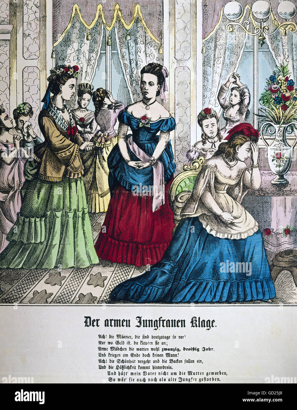 people, women, caricature, 'Der armen Jungfrauen Klage' ('The poor Virgins Lament'), pictorial broadsheet, lithograph, published by Gustav Kuehn, Neuruppin, circa 1870, private collection, , Additional-Rights-Clearences-Not Available Stock Photo