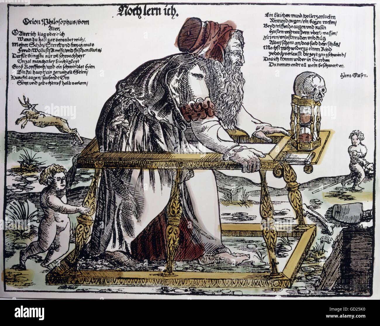 science, caricature, 'I am still learning', illustration of a wise man who becomes a child in old age, pictorial broadsheet, woodcut by Hans Glaser, Nuremberg, 1550/1560, private collection, , Additional-Rights-Clearences-Not Available Stock Photo