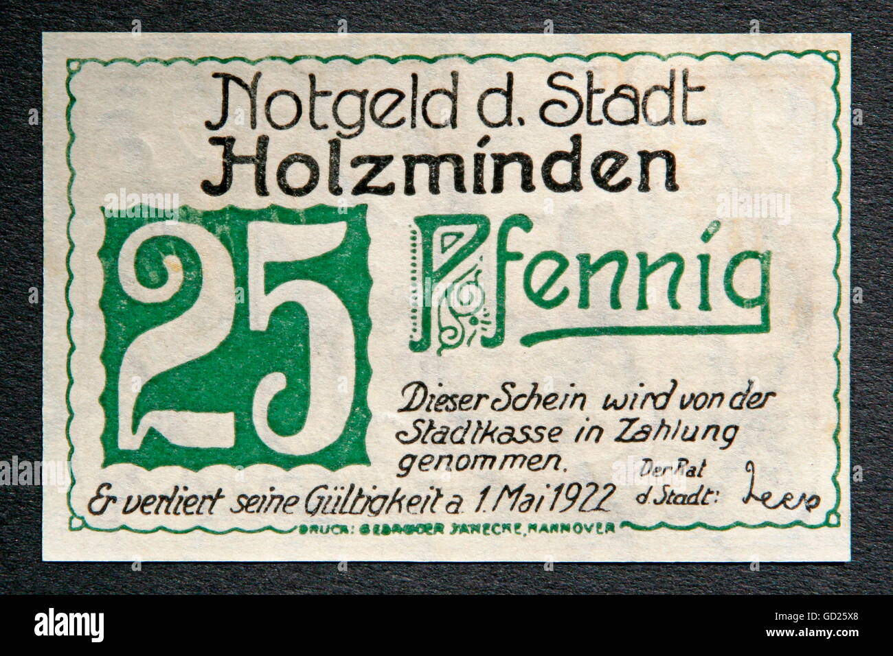 finances / money, bank notes, Germany, 25 Pfennig, reverse, released by the municipal authorities of Holzminden, valid until 1.5.1922, Additional-Rights-Clearences-Not Available Stock Photo