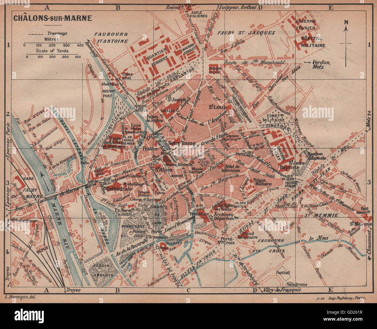 CHÂLONS-SUR-MARNE. Vintage town city ville map plan carte. Chalons. France 1922 Stock Photo