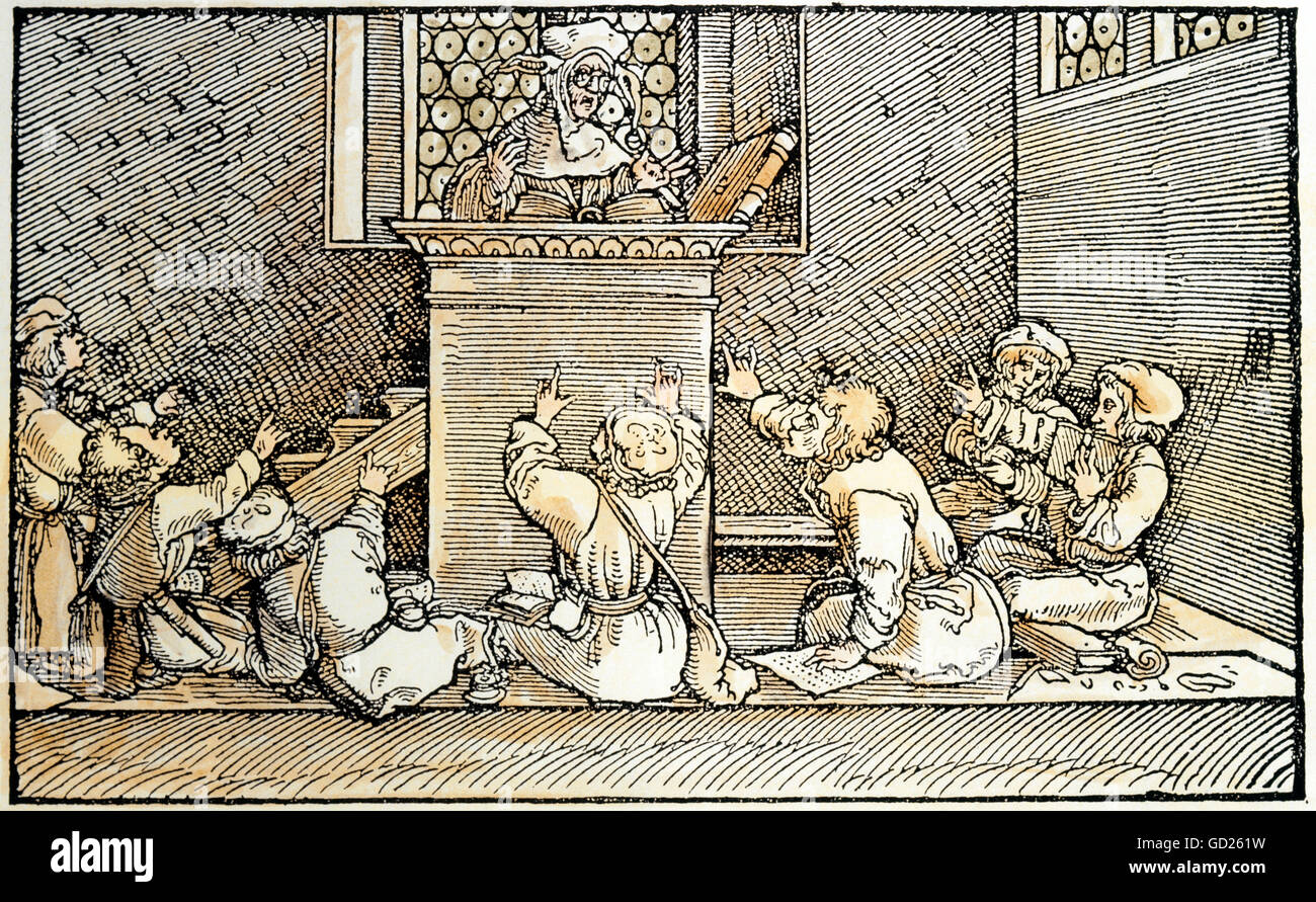 education, teacher, master pontificating from lectern, teacher's desk, from 'De remediis utriusque fortunae' by Francesco Petrarca, Petrarca-Master, 1532-1620, Additional-Rights-Clearences-Not Available Stock Photo