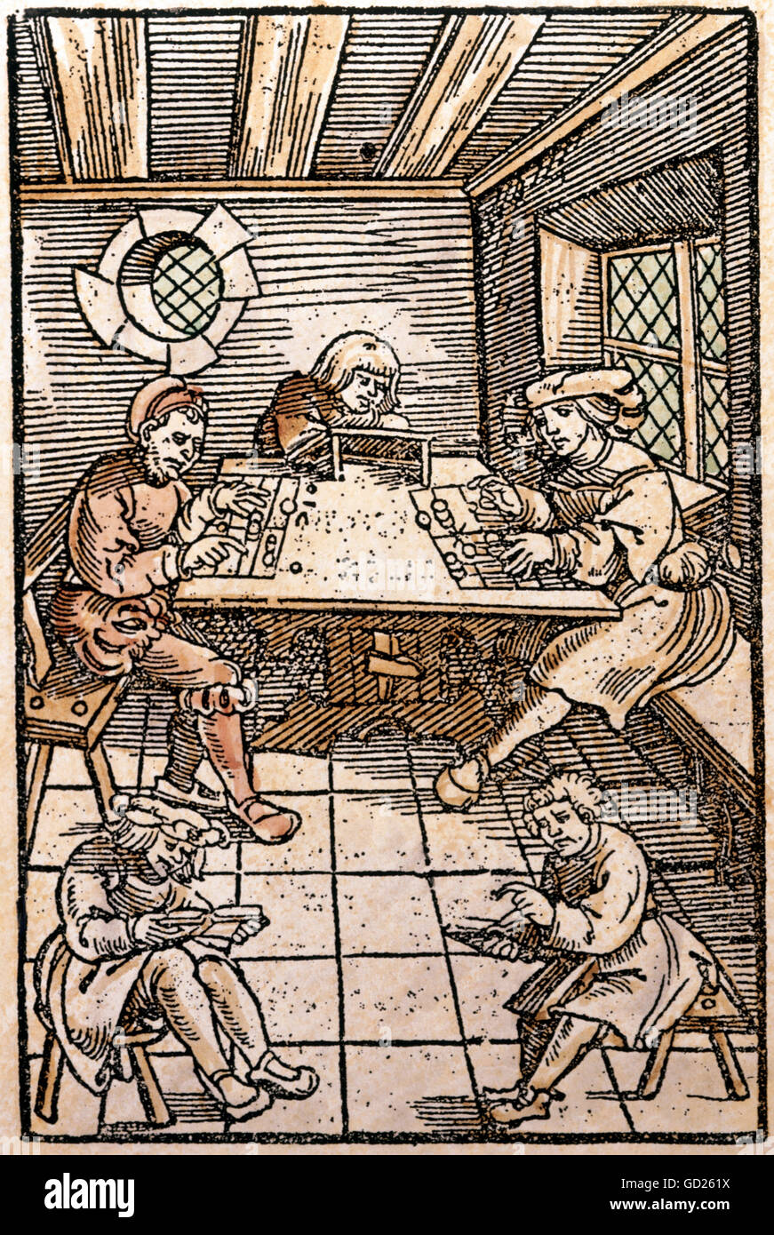 trade, merchant, administrative accounting with counting desk and calculating children, woodcut, coloured, from 'Rechnung auf Kauffmannschaft' by H. Grammateus, Nuremberg, 1518, Additional-Rights-Clearences-Not Available Stock Photo