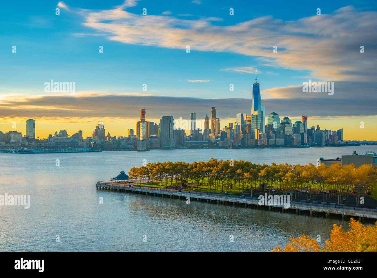 Lower Manhattan and World Trade Center, Freedom Tower, New York across Hudson River, Hoboken, New Jersey, USA Stock Photo