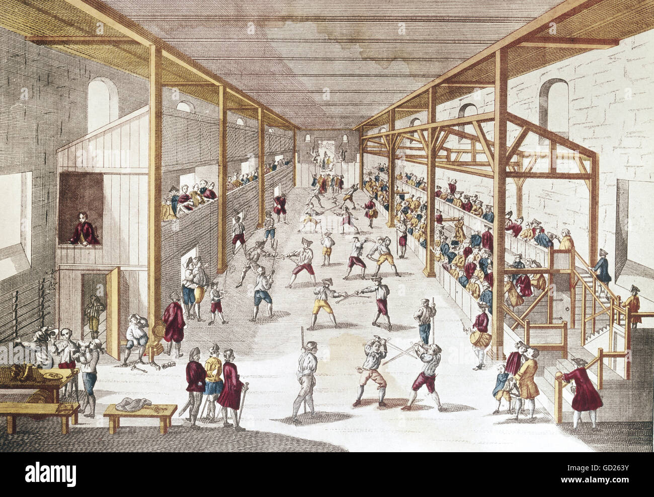 sports, fencing, fencing academy at Bologna, copper engraving, coloured