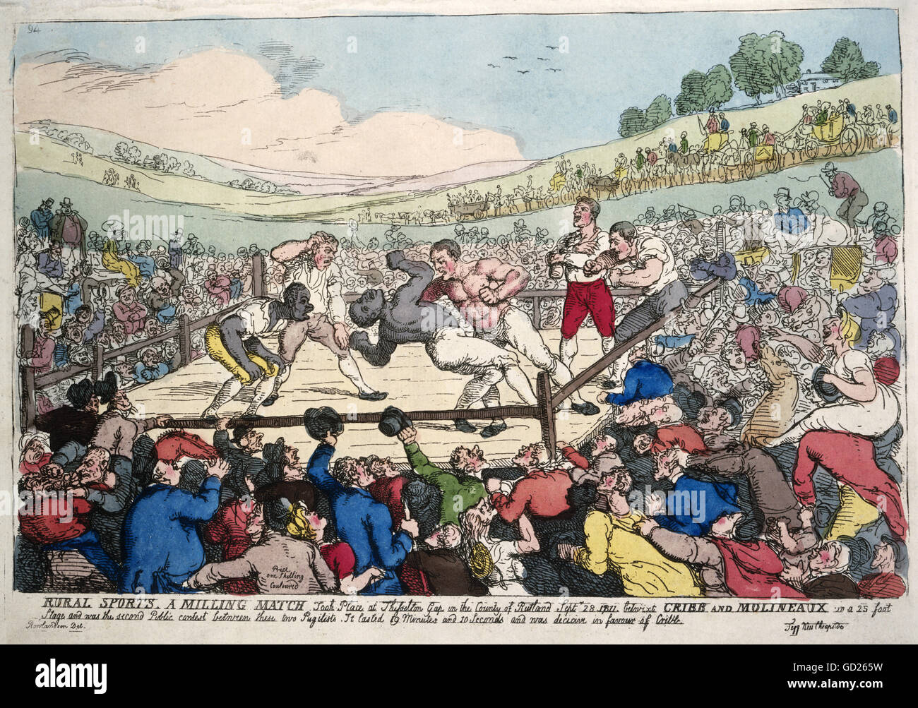 sports, boxing, 'Rural Sports', boxing match between Cribb and Molineaux, 18.9.1811, aquatint by Thomas Rowlandson, coloured, 38,5 x 26 cm, publishing house Th. Tegg, London, Munich municipal museum, , Additional-Rights-Clearences-Not Available Stock Photo