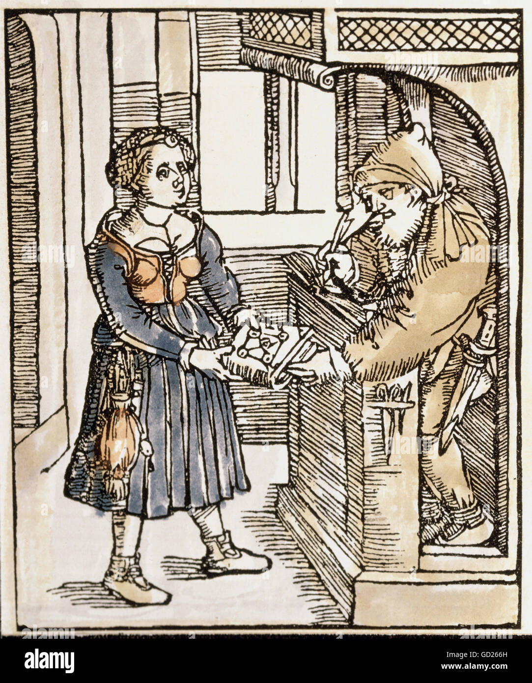 people, professions, Scrivener, coloured woodcut, 'Von dem grossen lutherischen Narren' by Thomas Murner, printed by  Hans Grueninger, Strassbourg, 1522, , Additional-Rights-Clearences-Not Available Stock Photo