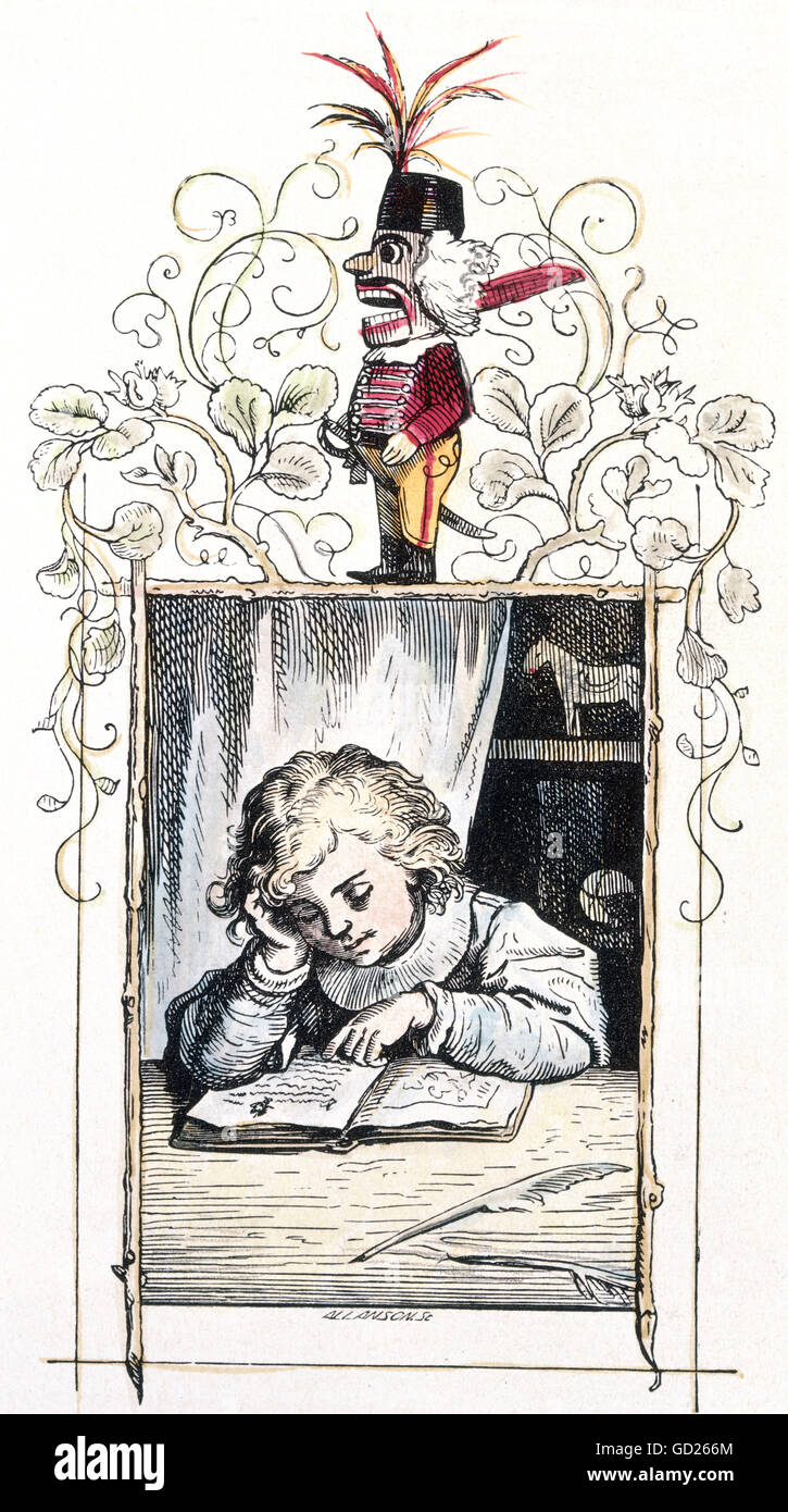 fine arts, Richter, Ludwig (1803 - 1884), graphic, reading boy, coloured woodcut for 'Der Wintergast', in 'Illustrierte Jugend-Zeitung', published by Wiegand, Leipzig, 1847, private collection,  , Artist's Copyright has not to be cleared Stock Photo