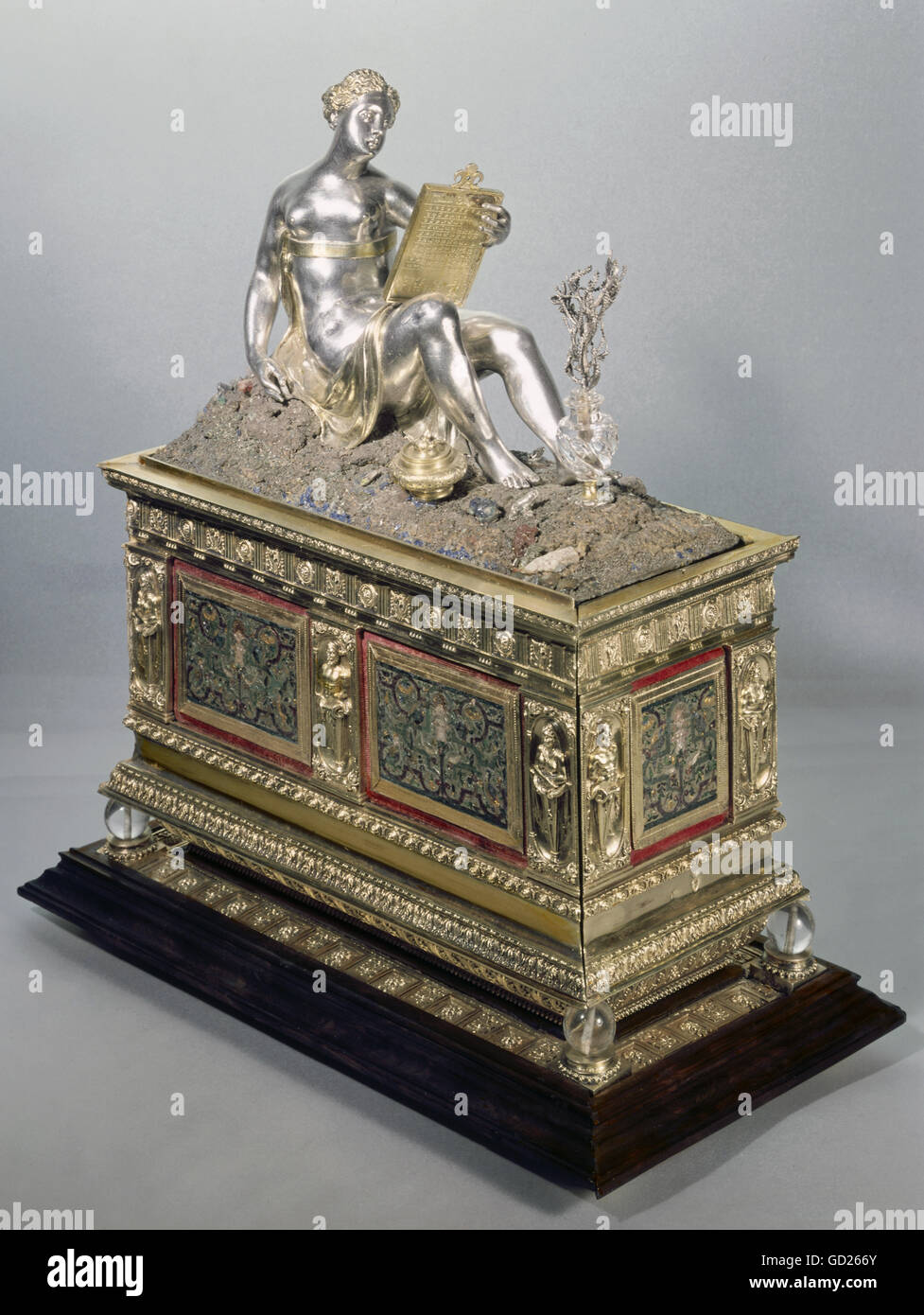 fine arts, Jamnitzer, Wenzel (1508/1509 - 1585), sculpture, allegory of the philosophy, cartridge for writing untensils, silver, partly guilted, Nuremberg, 1562, Gruenes Gewölbe, Dresden, , Artist's Copyright has not to be cleared Stock Photo