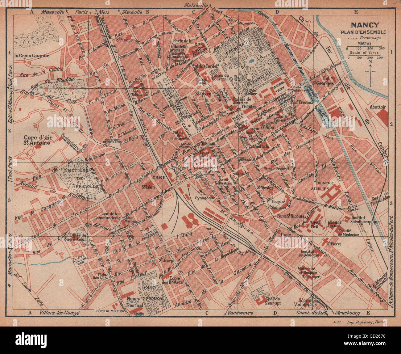 NANCY. Plan carte d'ensemble.Vintage town city ville map.Meurthe-et-Moselle 1922 Stock Photo