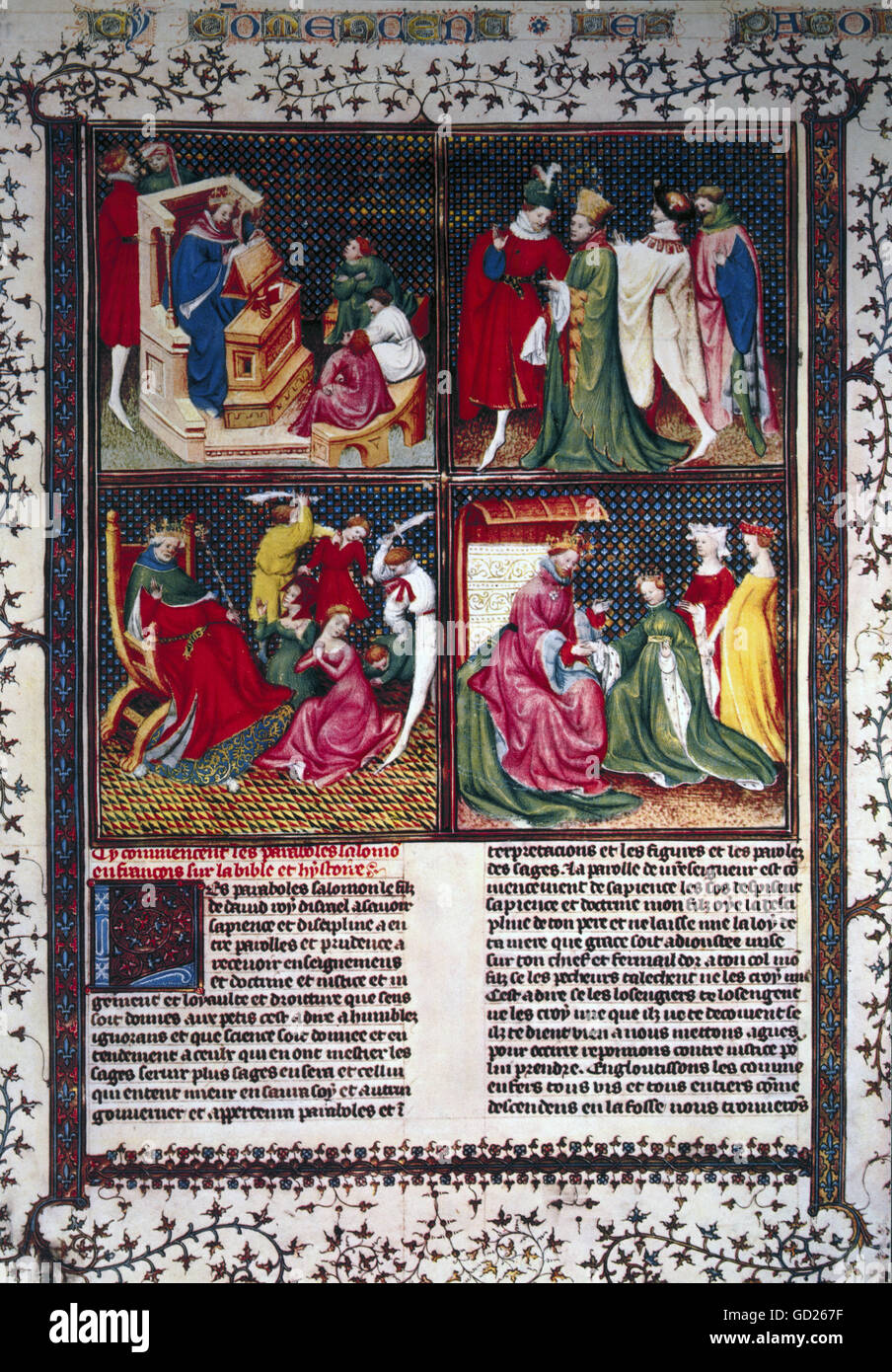 fine arts, religious art, illumination, scenes from the life of King Solomon, miniature, Bible of King Charles VI of France, circa 1400, National Library, Paris, , Artist's Copyright has not to be cleared Stock Photo