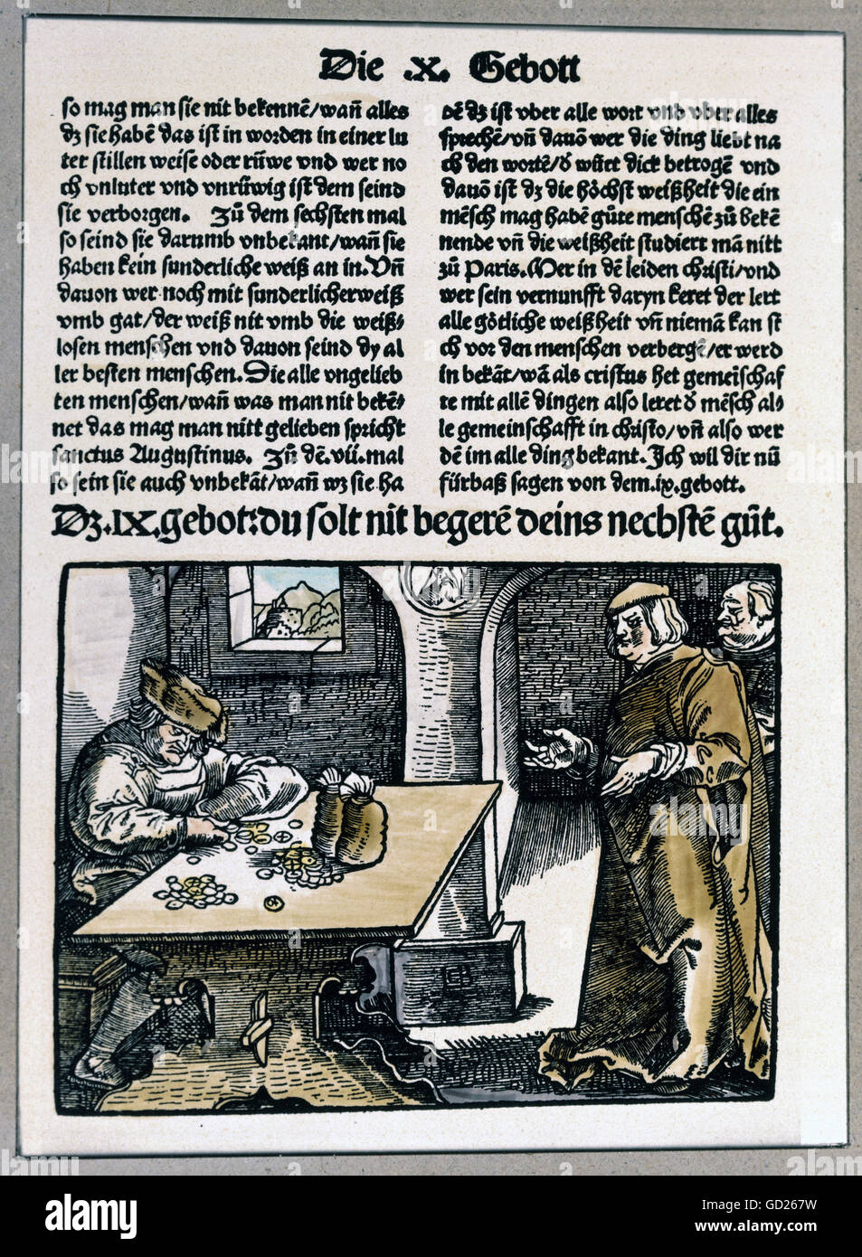 money, money changer and profiteer, coloured woodcut by Hans Baldung Grien, 'Die zehen gebot erclert und usgelegt', 9th Commandment, 'Though shalt not covet your neighbor's goods', printed by Hans Grueninger, Strassbourg, 1516, private collection, Additional-Rights-Clearences-Not Available Stock Photo