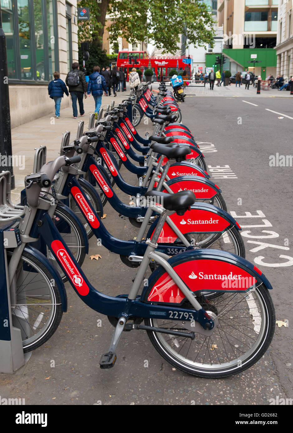 LONDON, ENGLAND - OCTOBER 23: Santander rental bikes for hire in London. These cycles can be rented at a series of locations aro Stock Photo