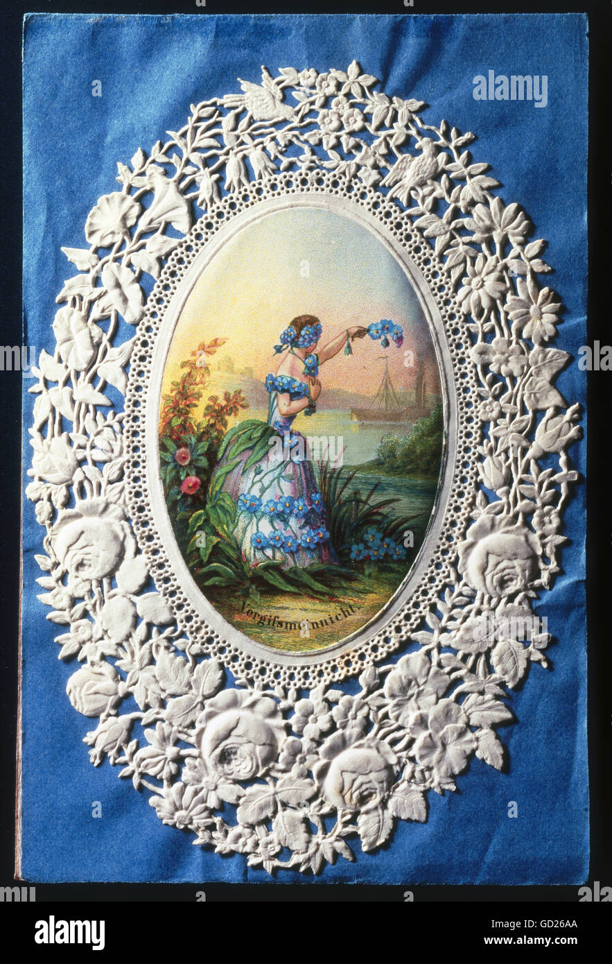 fine arts, print, chromolithograph on precious paper, embossed and pierced, flower girl waving farewell to a steamer, circa 1850/1860, private collection, Artist's Copyright has not to be cleared Stock Photo