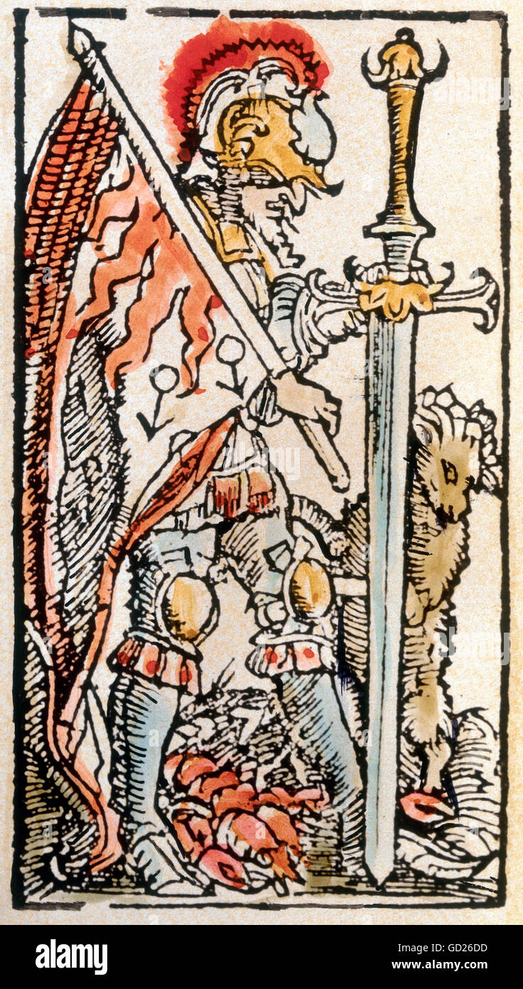 astrology, planets, Mars, with ascendant Cancer and Aries, from Augsburg calendar, woodcut, coloured, early 16th century, historic, historical, private collection, ascendant, ascendent, ascendants, ascendents, in the ascendant, sword, swords, flag, flags, banner, soldier, soldiers, warrior, warriors, man, men, full length, people, male, Additional-Rights-Clearences-Not Available Stock Photo