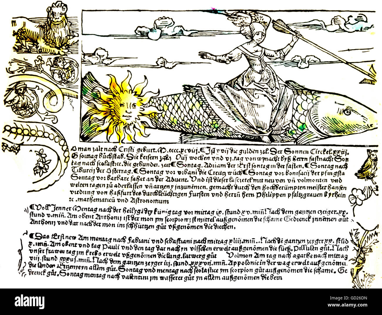 astrology, planets, Venus, in sign of fish under ascendant sun, from a German calendar, woodcut, coloured, printed by Günther Zainer, Augsburg, Germany, circa 1485, Additional-Rights-Clearences-Not Available Stock Photo