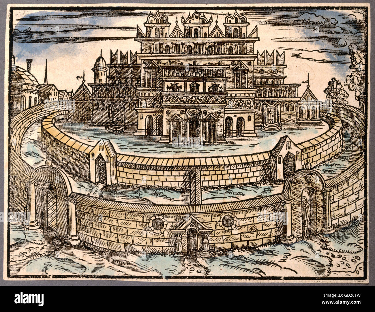 geography / travel, Israel, Jerusalem, view, 'The Heavenly Jerusalem', coloured woodcut by Jost Amman, Nuremberg, circa 1570, private collection, , Additional-Rights-Clearences-Not Available Stock Photo