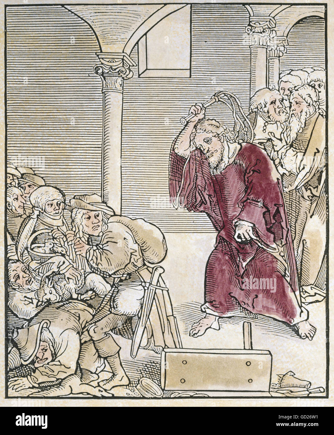 religion, biblical scenes, Jesus Christ driving the vendors and money changers from the temple, coloured woodcut Lucas Cranach the Elder, 'Passional Christi und Anrtichristi', printed by Johannes Gruenenberg, Wittenberg, 1521, private collection, , Additional-Rights-Clearences-Not Available Stock Photo
