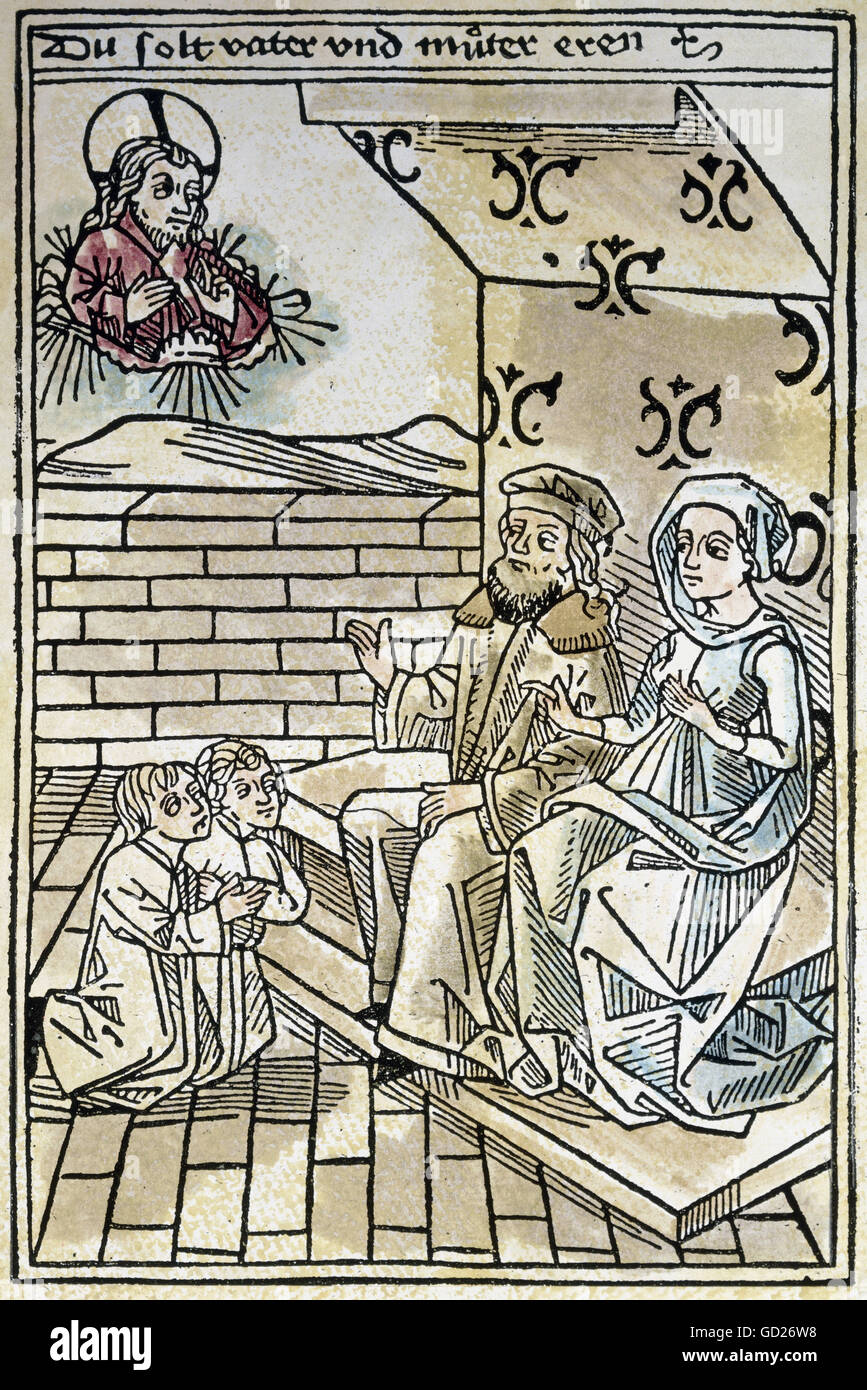 religion, biblical scenes, the fourth commandment, 'You  shall honour your father and mother', coloured woodcut, 'Der Seele Trost', printed by Anton Sorg, Augsburg, 1478, private collection, , Additional-Rights-Clearences-Not Available Stock Photo