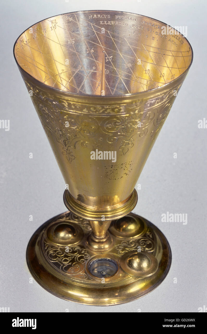 clocks, sundials, chalice sun dial as vertical sundial, with hour lines inside, socket with integrated compass, brass, gold-plated, signature: 'Marcus Purmann, Monachi faciebat 1602', German Museum Munich, Germany, Additional-Rights-Clearences-Not Available Stock Photo