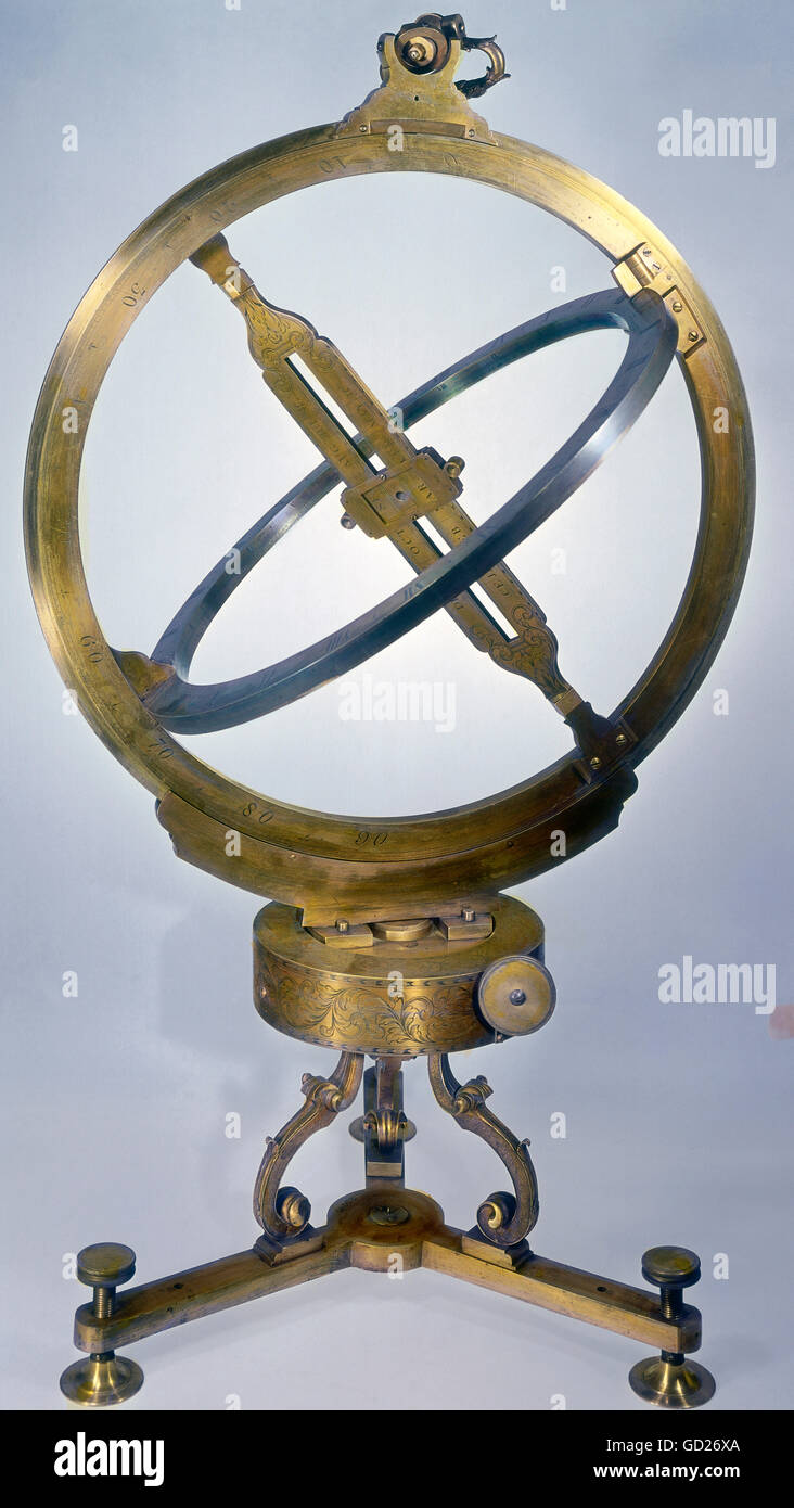 clocks, sundials, ring sundial on adjustable socket, exterior ring as hour dial, Munich, Germany, 18th century, historic, historical, chronometry, chronometries, chronometer, chronograph, nautical science, navigation, technology, technologies, object, objects, Additional-Rights-Clearences-Not Available Stock Photo