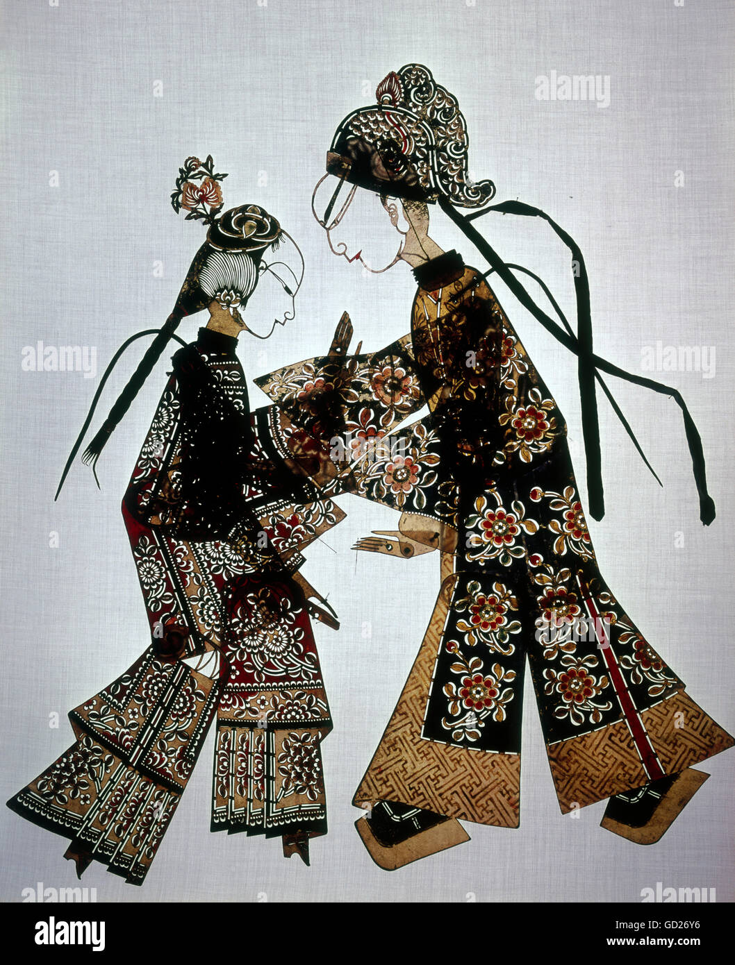 fine arts, China, Chinese shadow puppetry, shadow puppet, Szechuan style, pair of lovers, vellum, coloured, late 19th century, municipal museum Munich, , Artist's Copyright has not to be cleared Stock Photo