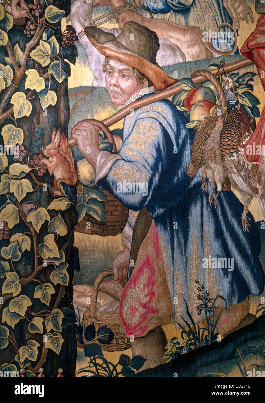 fine arts, tapestry, 'September', farmer's wife with baskets going to the market, detail from a tapestry of the months series by Hans van der Biest, after drafts by Peter Candid, company at table, roasted capon on the table, manufactory Munich, 1612/1615, Munich Residence Museum, Artist's Copyright has not to be cleared Stock Photo