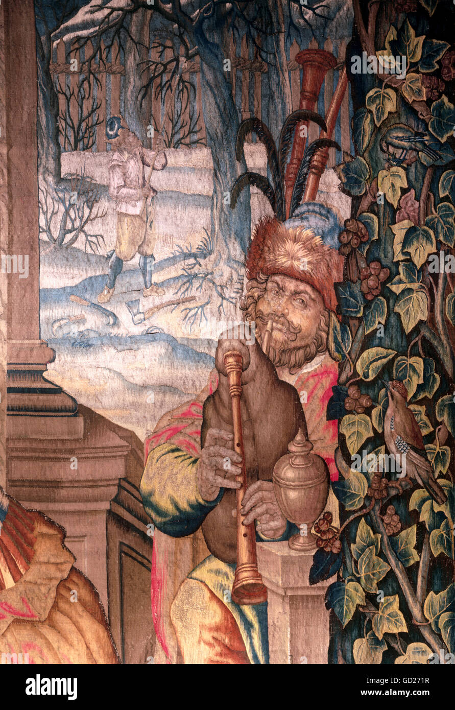 fine arts, tapestry, 'Februar', bagpipes musician, bleed of a tree, detail from a tapestry of the months series by Hans van der Biest, after drafts by Peter Candid, company at table, roasted capon on the table, manufactory Munich, 1612/1615, Munich Residence Museum, Artist's Copyright has not to be cleared Stock Photo