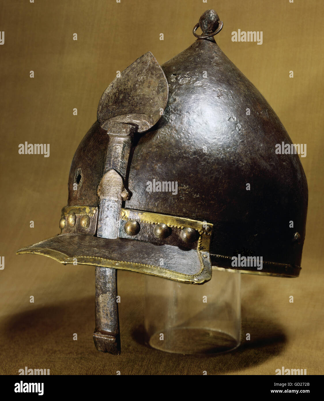 weapons / arms, protective arms, helmets, Mamluk helmet, iron with brass fitings, Egypt, 15th century, Damascus National Museum, craft, Islamic, nasal helmet, fitting, war, warfare, historic, historical, middle ages, Additional-Rights-Clearences-Not Available Stock Photo