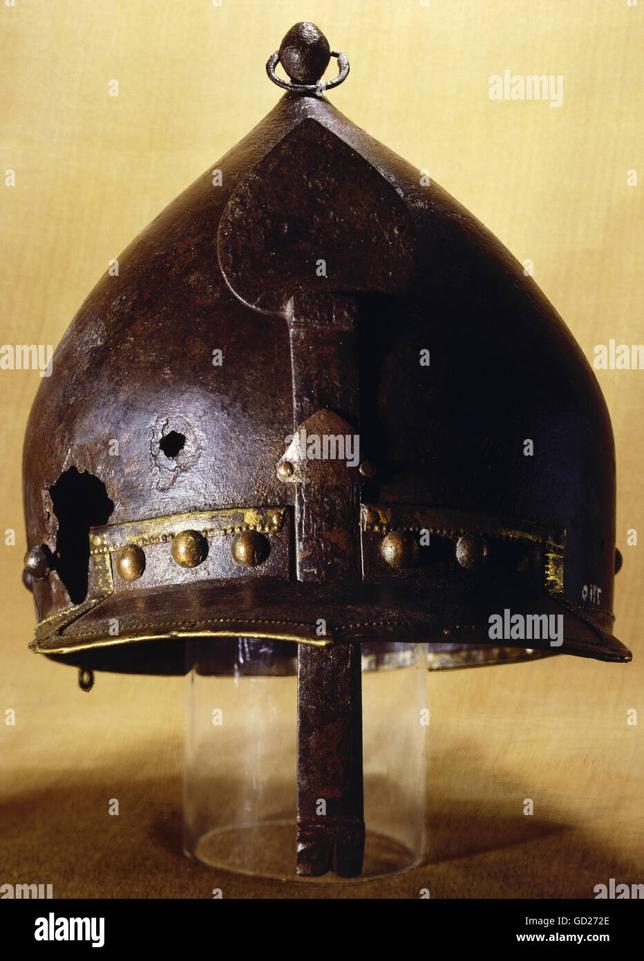 weapons / arms, protective arms, helmets, Mamluk helmet, iron with brass fitings, Egypt, 15th century, Damascus National Museum, craft, Islamic, nasal helmet, fitting, war, warfare, historic, historical, middle ages, Additional-Rights-Clearences-Not Available Stock Photo