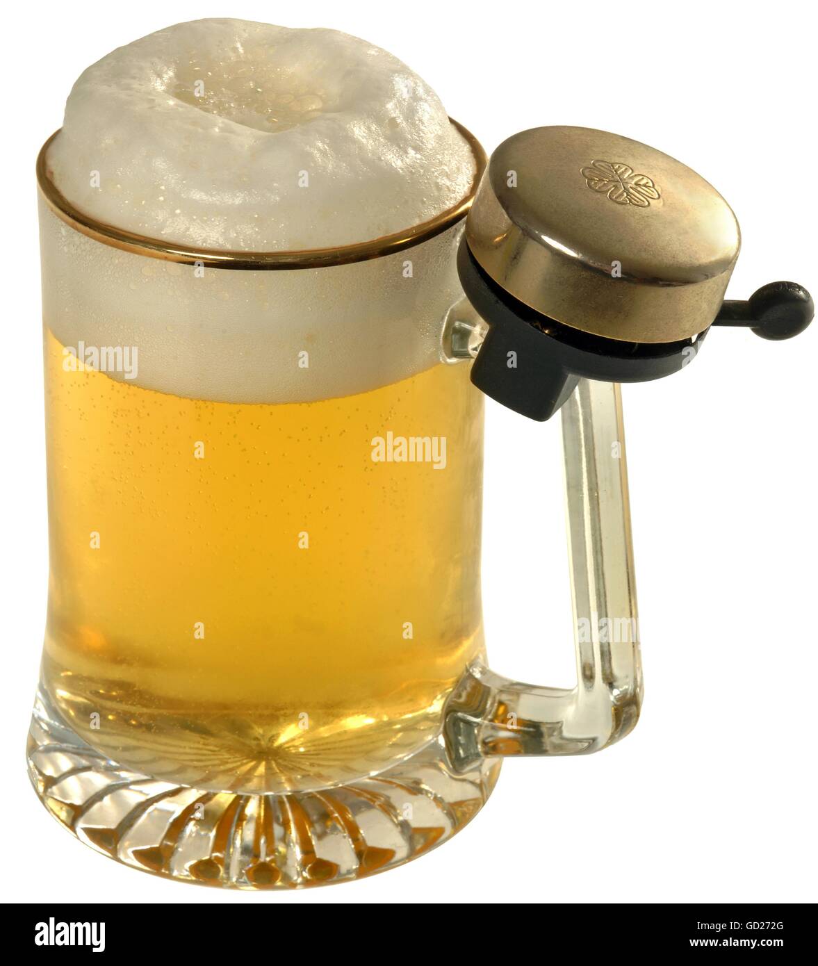 alcohol, beer, beer mug with beer bell, Augustiner pale beer, the bell helps to order the next beer, Germany, circa 1999, Additional-Rights-Clearences-Not Available Stock Photo