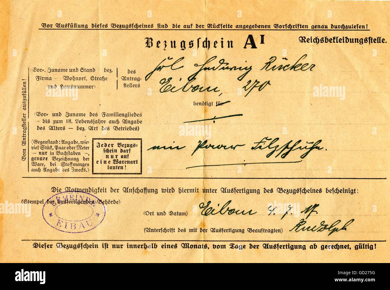 World War I / WWI, ration card for clothes (a pair of felt shoes), in this case from the municipality Eibau/Oberlausitz/Saxony, Germany, from the 4.7.1917 the German Reich, empire, monarchy, the First World War, rationing, providing, misery, poverty, plight,  historic, historical, clipping, cut out, cut-out, cut-outs, 20th century, 1910s, Additional-Rights-Clearences-Not Available Stock Photo