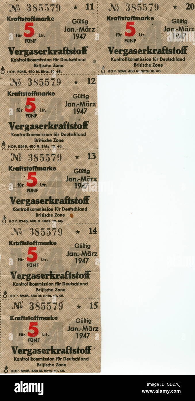 post war period, ration card for fuel/carburettor fuel, for five litre, issued by the